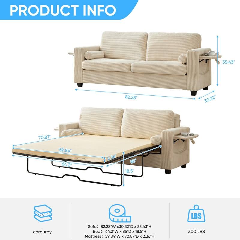 Mixoy Convertible 2-in-1 Pull Out Sleeper Sofa Bed Loveseat with 2 Wing Table and Memory Foam Mattress