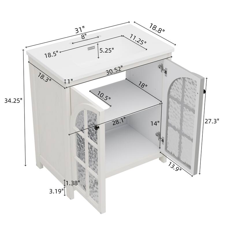 31" Farmhouse Bathroom Vanity with Ceramic Sink, Vintage Rustic Bathroom Cabinet with Bronze Pulls and 2 Soft-Closing Doors