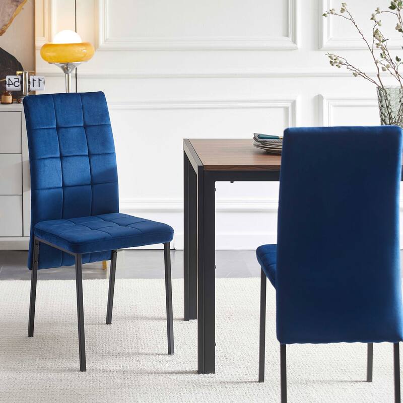 Dark Blue Velvet High Back Nordic Dining Chair Modern Fabric Chair with Black Legs-Set of 4