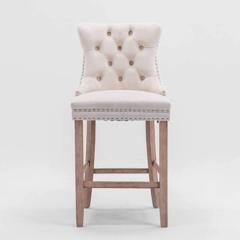2 Velvet Upholstered Barstools with Button Tufted and Wooden Legs, and Chrome Nailhead Trim - N/A
