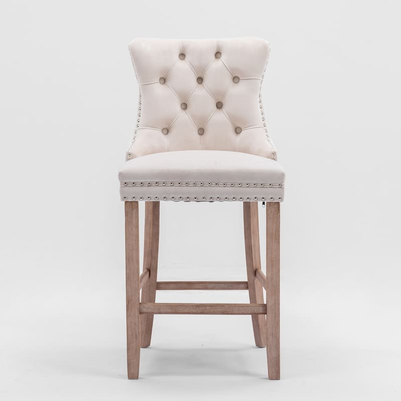 Roomfitters Velvet Bar Stools Set of 2, Tufted Upholstered Counter Chairs with Nailhead Trim and Wooden Legs