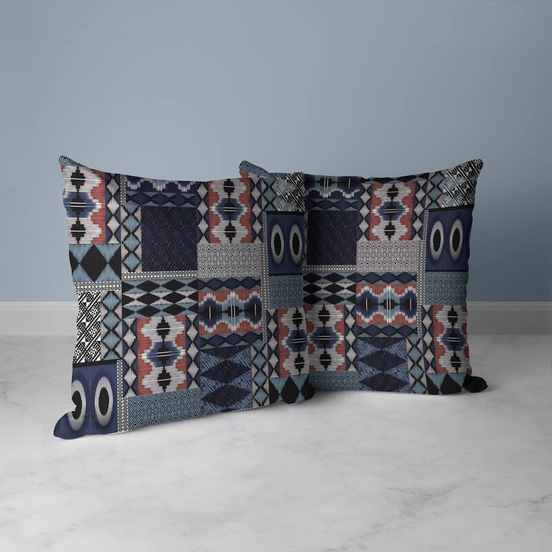 Blue And White Patched Perfection Indoor/Outdoor Throw Pillow Zipper