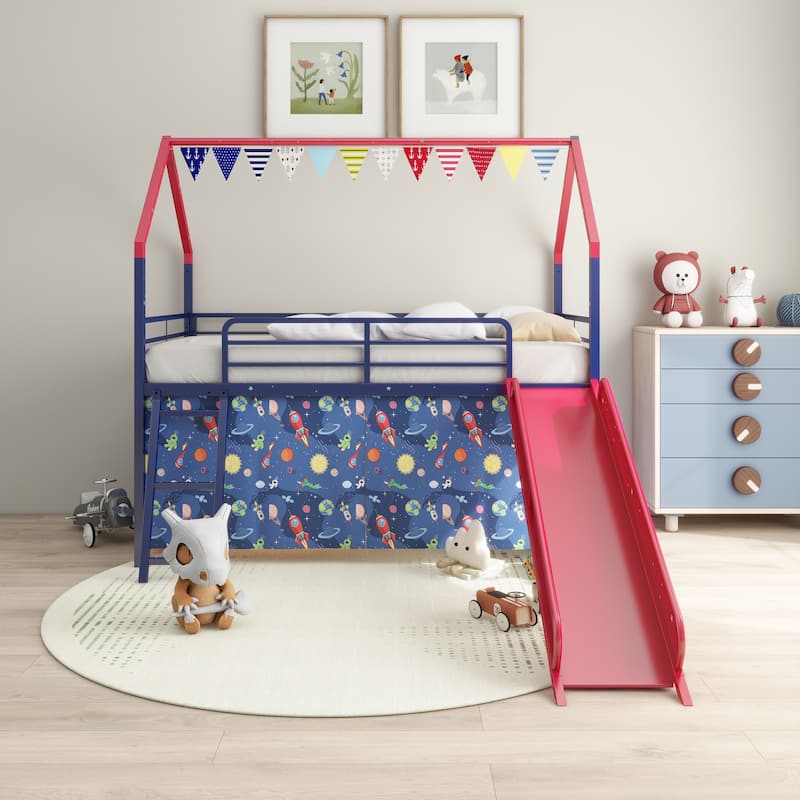 Kids' Twin Loft Bed with Slide, Safety Guardrails, and Superhero Color Options - Blue+Red