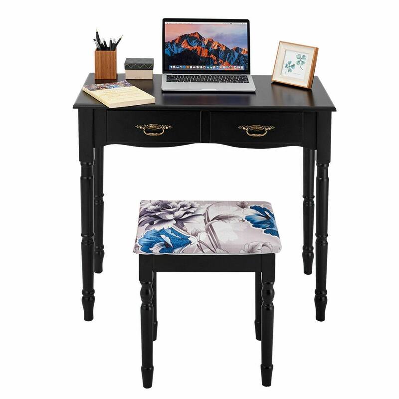 Costway Black Tri Folding Mirror Vanity Makeup Table Stool 4 Drawers