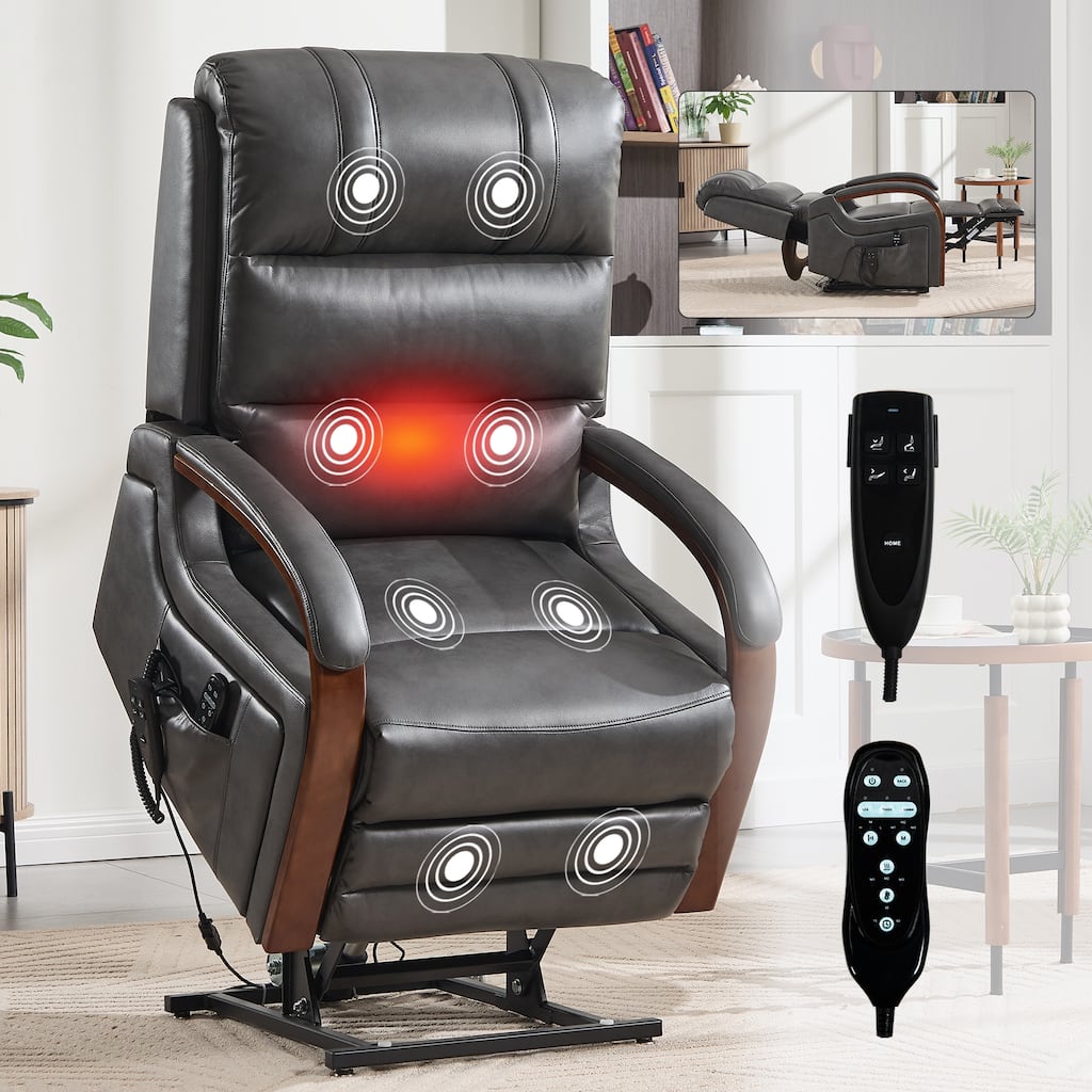 Power Leatheraire Lift Recliner Chair Dual Motor Infinite Position Up to 350 LBS with Solid Wood Armrests