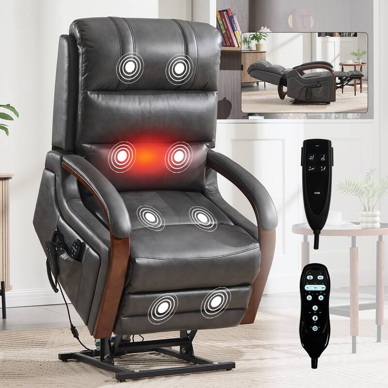 Power Lift Recliner Chair Dual Motor Infinite Position with Solid Wood Armrests, Heat Massage and Heavy Duty Motion Mechanism - Grey