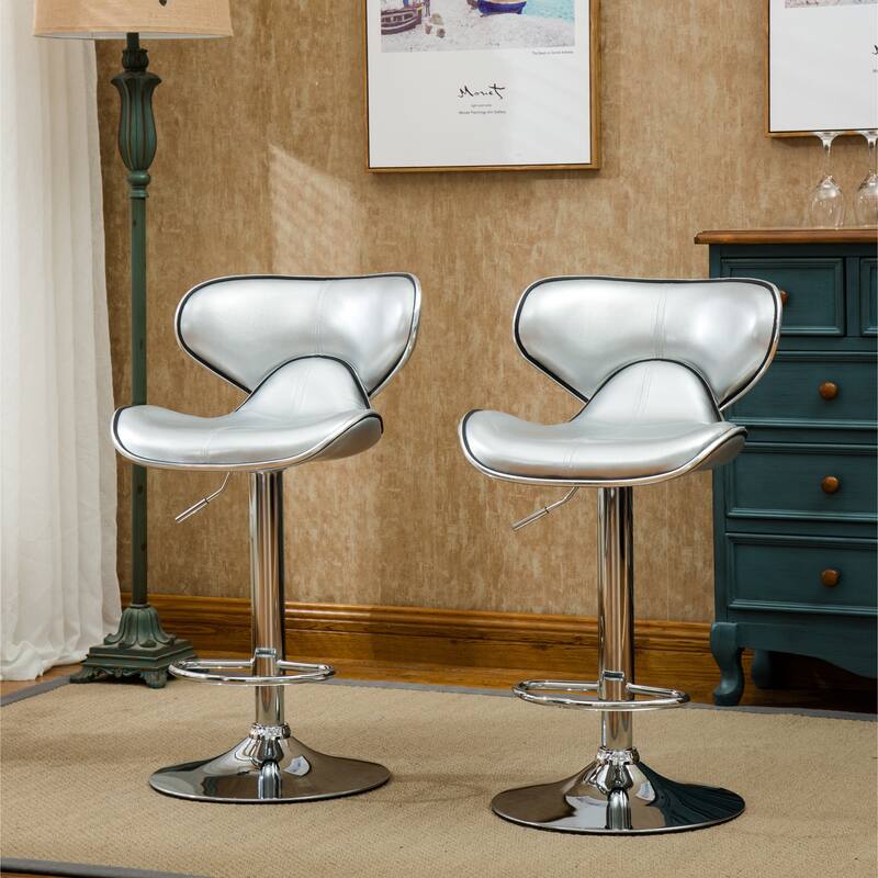 Modern Set of 2 Swivel Bar Stools with Leather Seat, Chrome Base, Height Adjustable, for Kitchen Island Dining Room