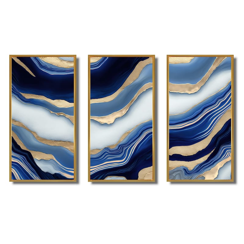 Designart "Vibrant Blue And Gold Flow Art III" Transitional Framed Canvas Art Print - 3 Panels