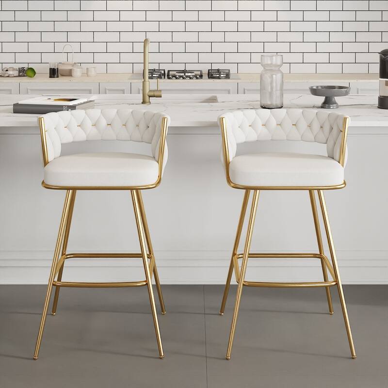Javlergo Set of 2/4/6 Counter Height Bar Stools, 26.77" Upholstered Woven Back Bar Chairs with Armrests and Footrest - White - Set of 2