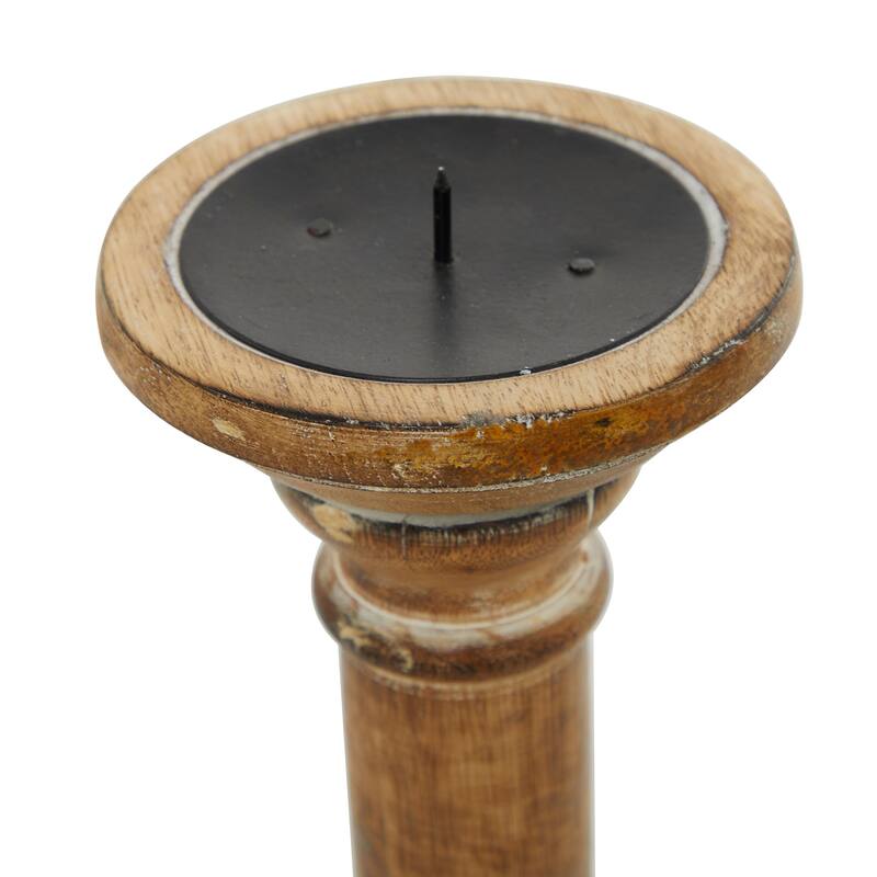 Brown Mango Wood Handmade Candle Holder with Turned Style (Set of 3)