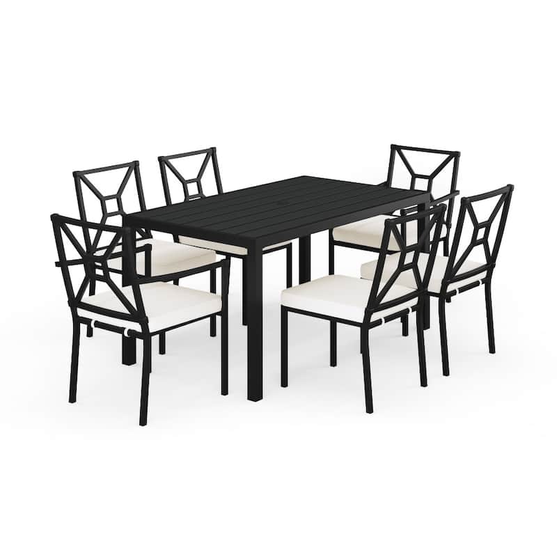 Martha Stewart 7-Piece Steel Patio Dining Set with 6 Stackable Chairs and 60" Table - 23"W x 26.25"D x 35.25"H - Cream Cushions/Black Frame