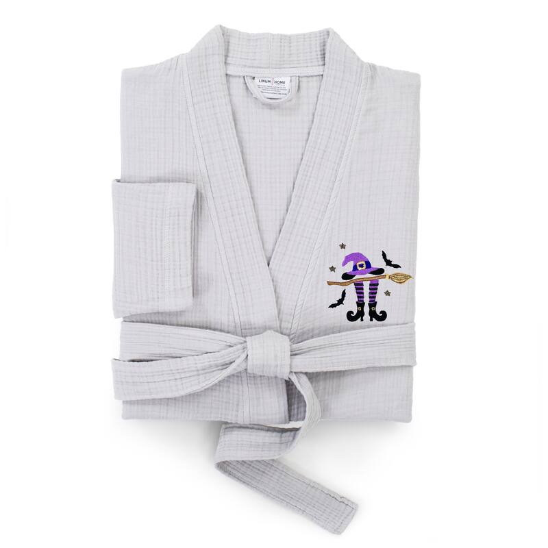 Authentic Hotel and Spa 100% Turkish Cotton Unisex Smyrna Bath Robe with Hat Broom Legs Embroidery - S/M - Grey