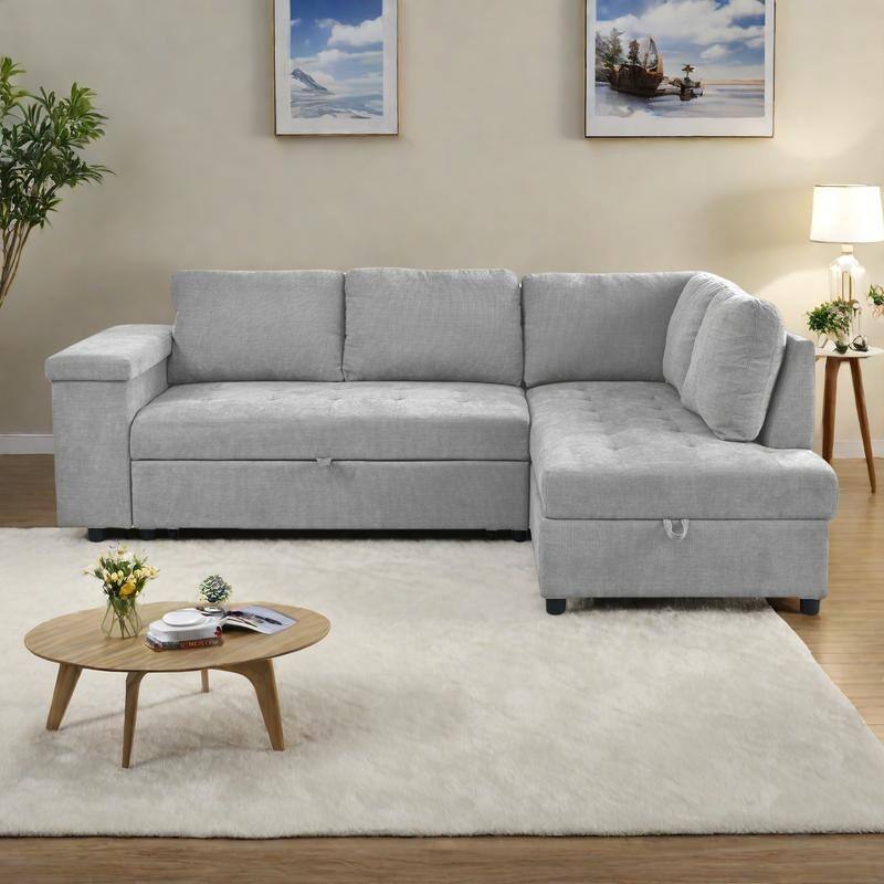 91.5" Polyester L-Shaped Sectional Sofa with Pull-Out Bed, Hidden Storage and Wide Storage Armrests