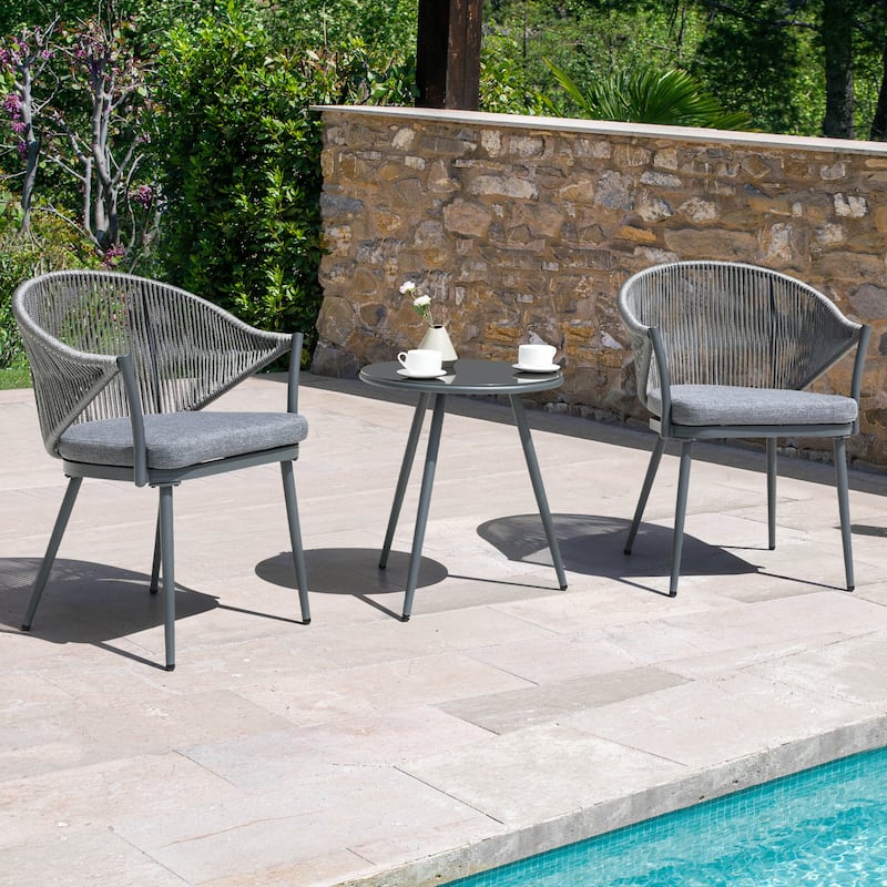 Nuu Garden 3-Piece Aluminum Outdoor Bistro Set, 1 Coffee Table and 2 Woven Rope Chairs with Seat Cushions