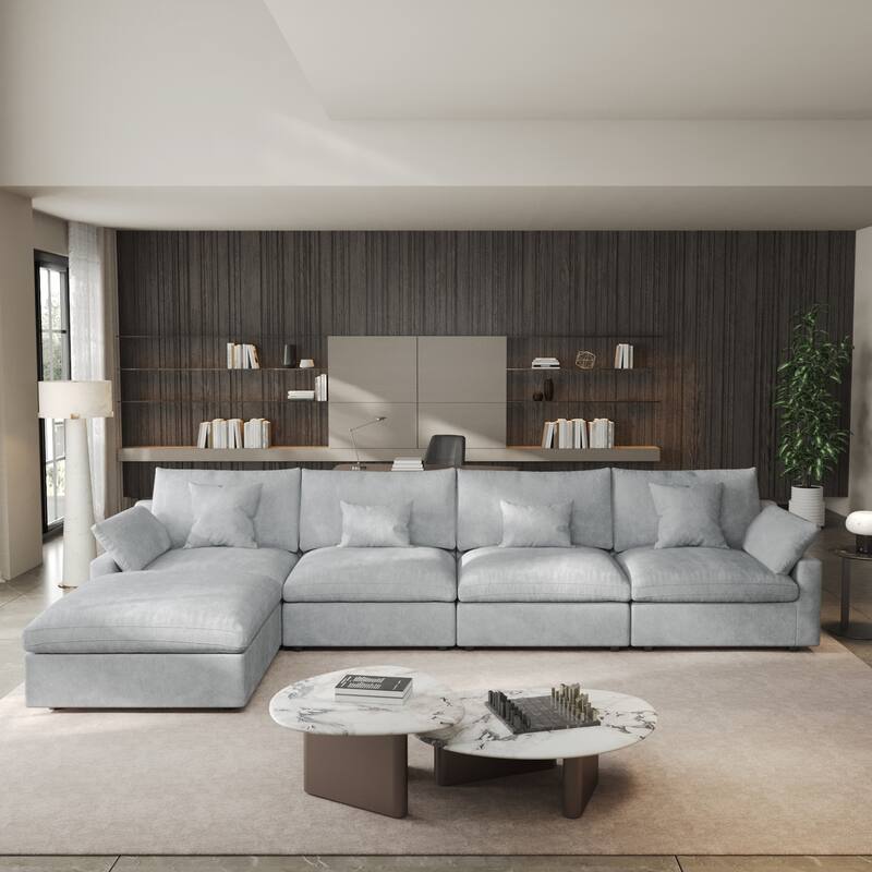 155.9" L-shaped Modern Linen Sectional Modular Sofa 4-Seater Down Filled Cloud Couch with Ottoman