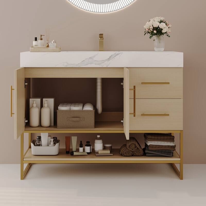 36" Modern Bathroom Vanity with Seamless Ceramic Sink & Gold Accent Free Standing Cabinet