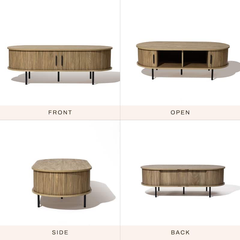 Mid-Century Modern Coffee Table with Storage and Slatted Sliding Doors - 15.7" H x 47.2" W x 23.6" D