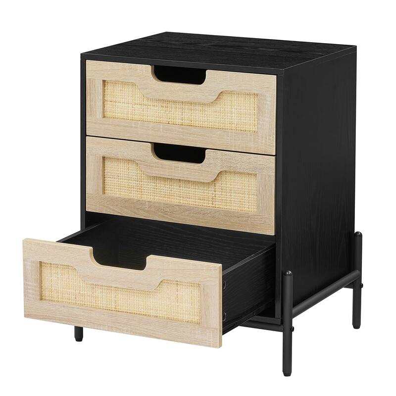 Rattan End Table, Nightstands with 3 Natural Rattan Drawers 1 or 2 Pack
