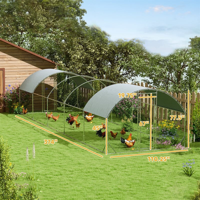 Galvanized Steel Chicken Run with Lockable Door and Roof Protection - 9.2'W x 31.2'D x 6.5'H - Silver