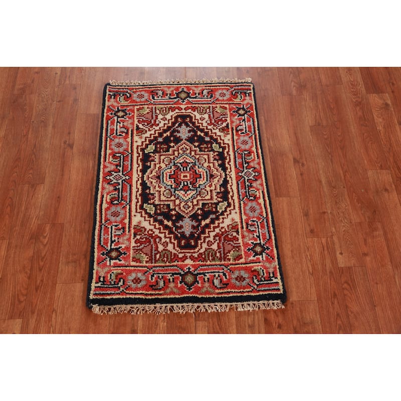 Dark Blue Geometric Heriz Serapi Foyer Rug Hand-Knotted Wool Carpet - 2'0" x 3'0"