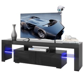 Morden TV Stand with LED Lights & 2 Large Storage Drawers, High Glossy ...