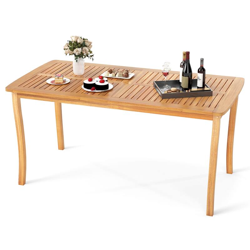 Gymax 63'' Outdoor Dining Table w/ Umbrella Hole Slatted Tabletop for - Brown