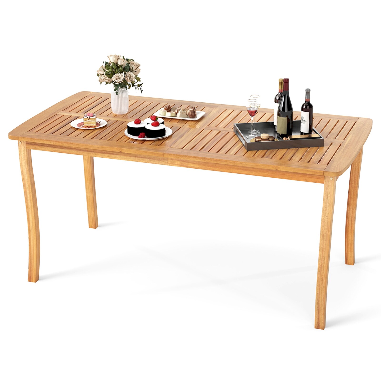 Gymax 63'' Outdoor Dining Table w/ Umbrella Hole Slatted Tabletop