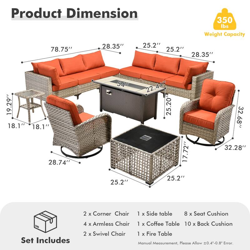 OVIOS 11 Pieces Outdoor Wicker Swivel Chair Set With Fire Table