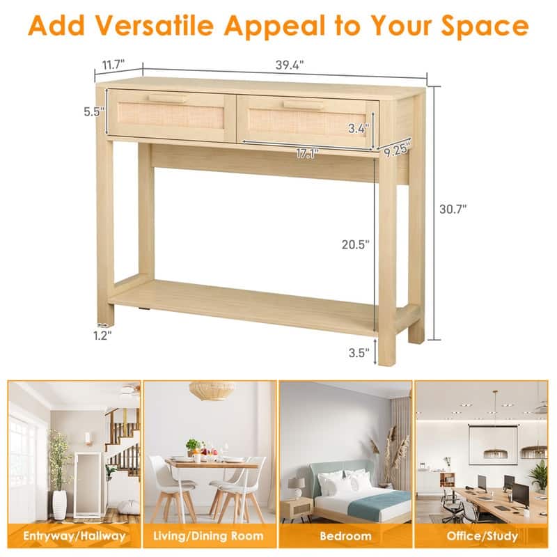39.4" Rattan Console Table with 2 Drawers Entryway Table