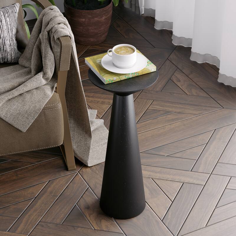 COZAYH Farmhouse Pedestal End Table, Round Martini Table Wood Plant Stand Rustic Small Drink Table for Living Room, Bedroom - Slender Base - Black