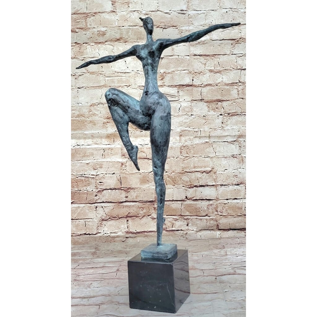 Abstract Female Figure Dancer Kicker Bronze Sculpture Green Patina Marble Base