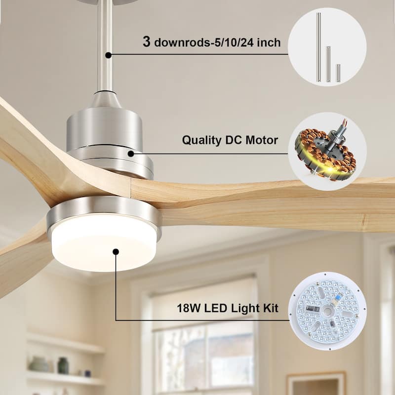 52" Solid Wood Noiseless 3-Blade Ceiling Fans with Dimmable LED Light Optional and Remote, 6-Speed Reversible DC Motor