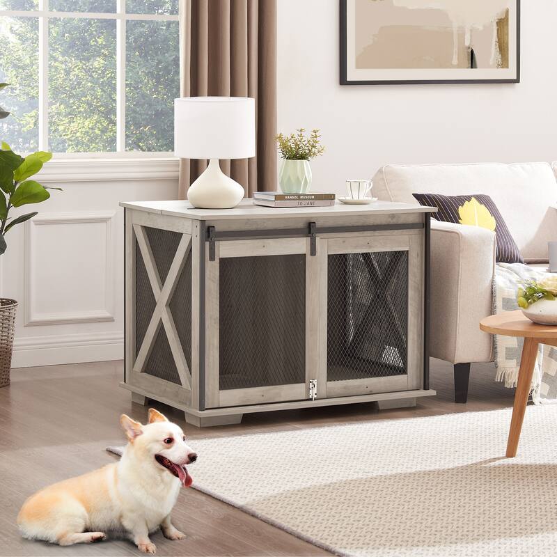 Wooden Dog Crate Furniture, Dog Kennel End Table with Sliding Barn Door, Dog Cage with Flip-top Plate & Detachable Divider