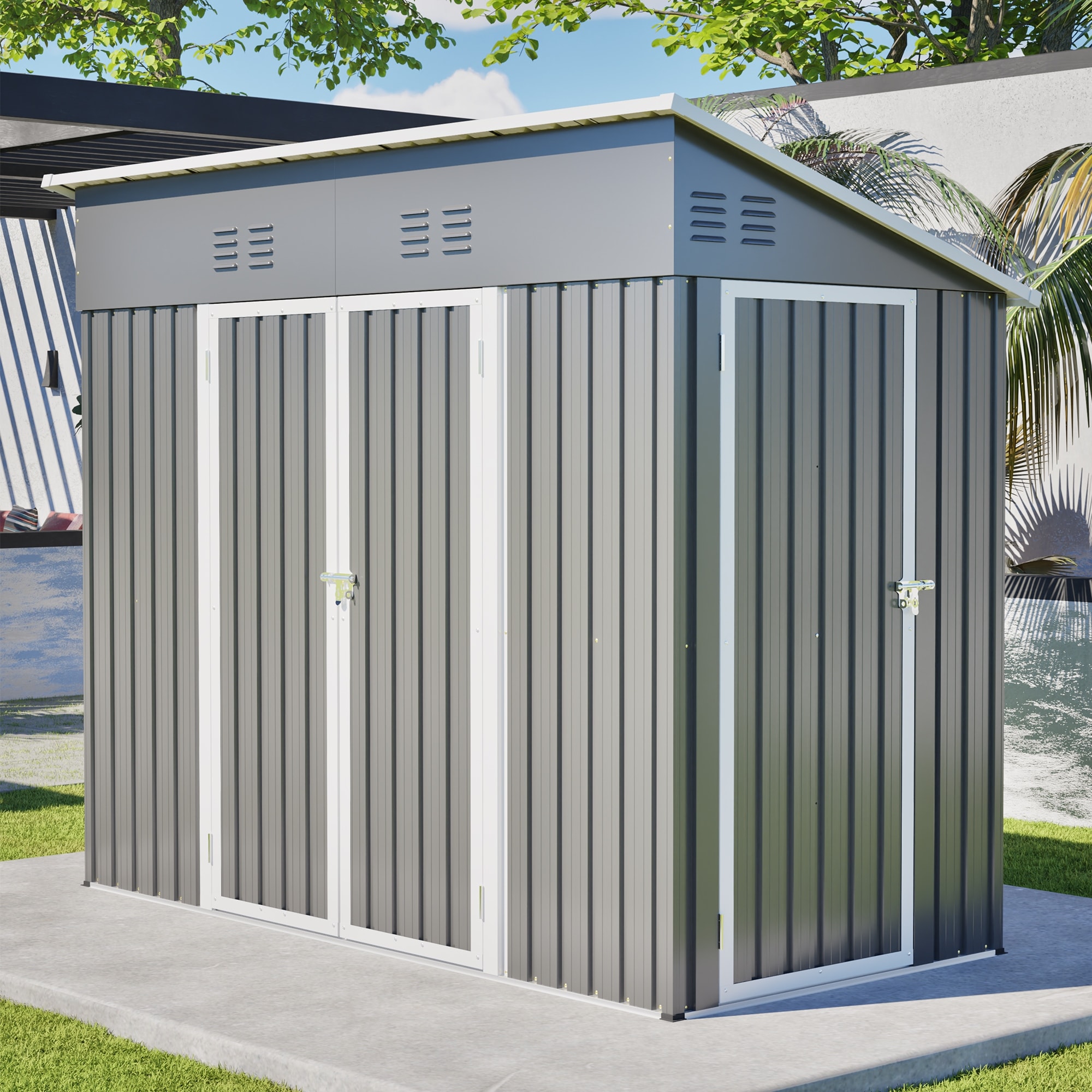 4x8 Ft Slope-Roof Reinforced Storage Shed with Weatherproof Sloping Roof & 4 Air Vents,Heavy-Duty Sturdy Metal Frame