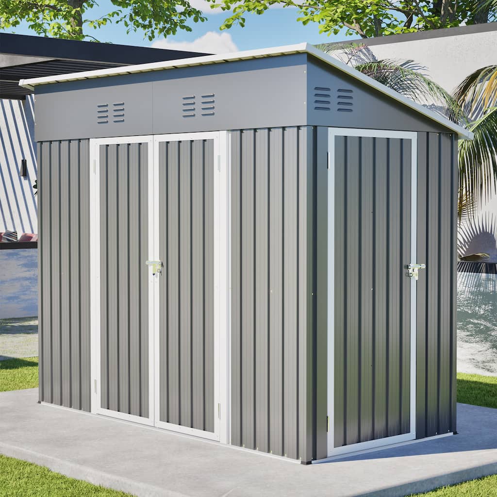 4x8 Slope-Roof Reinforced Storage Shed with Weatherproof Sloping Roof & 4 Air Vents, Heavy-Duty Sturdy Metal Frame