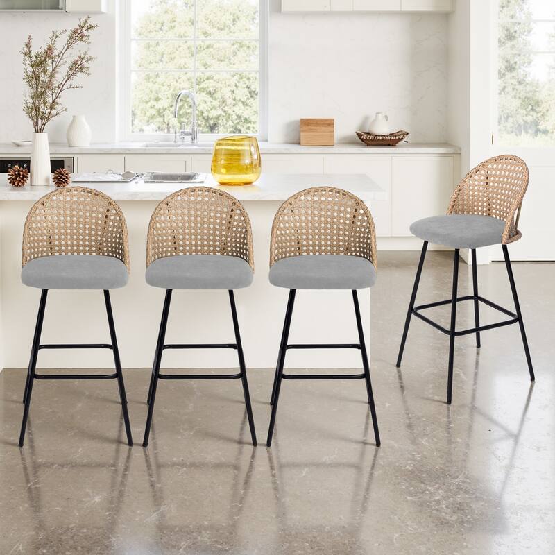 Set of 4 Rattan 27" Upholstered Chenille Full Back Counter Stool