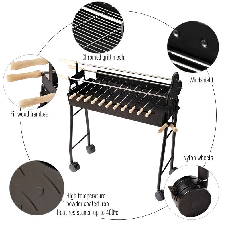 Outsunny Portable Rotisserie Charcoal BBQ Grill w/ Skewers and Wheels - 14.2" L x 33.5" W x 35.4" H