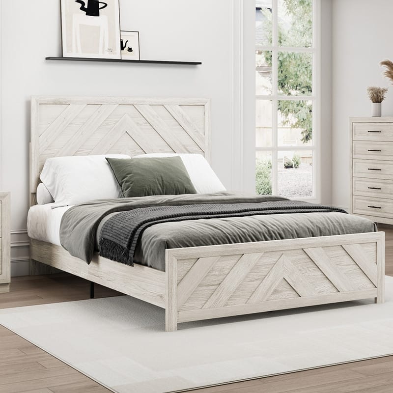Modern MDF Bed Frame with Diagonal Striped Design - Beige