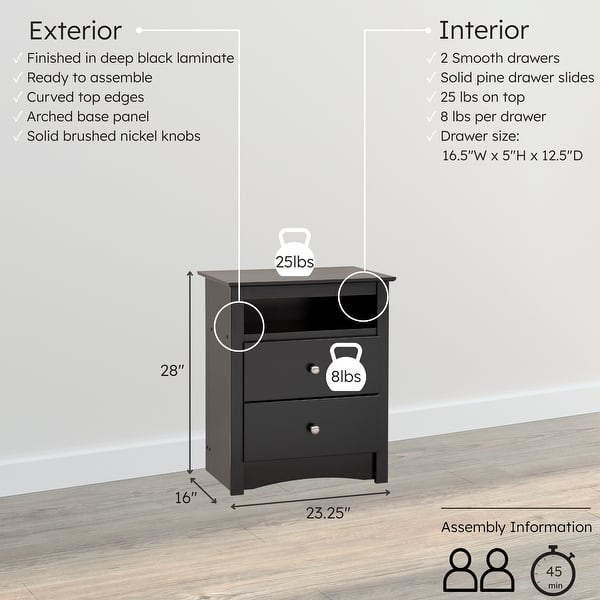 dimension image slide 0 of 2, Broadway Black 2-drawer and Open Cubby Nightstand