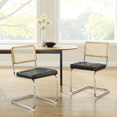 Art Leon PU Leather Upholstered Cane Back Rattan Dining Chair Set of 2