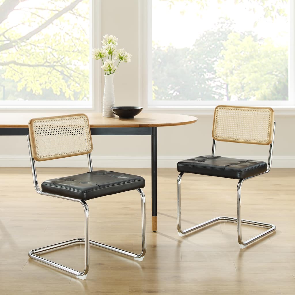 Art Leon PU Leather Upholstered Cane Back Rattan Dining Chair Set of 2