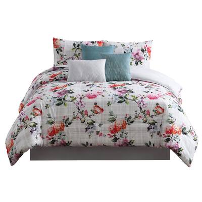 7 Piece Queen Comforter Set with Watercolor Floral Print, Multicolor