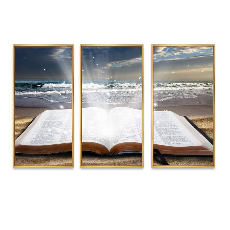 Designart "Jesus Bible at beach" Religious Framed Art Prints Set of 3