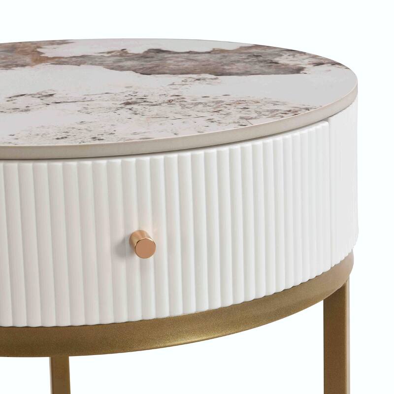 19.68 Inch Modern Round Marble Side Table with Drawer and Storage