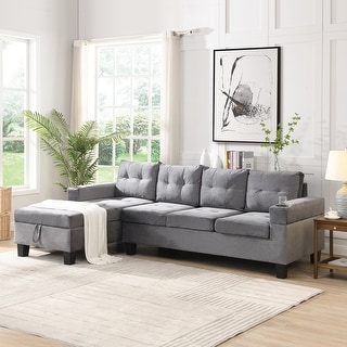 Velvet Upholstered Sectional Sofa, L Shape Couch (4-Seat) with Left Hand Storage Lounge Chaise and Two Cup Holders Design