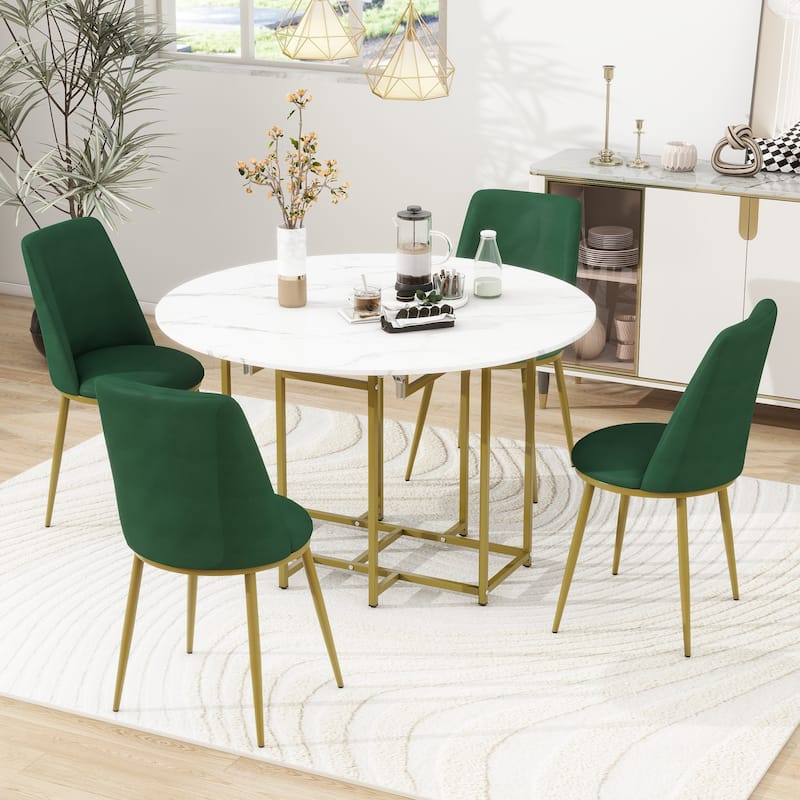 5-Piece Extendable Kitchen Dining Table Set, Round Faux Marble Top with Golden Frame and 4 Upholstered Chairs - Green