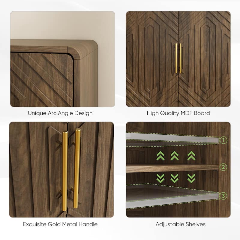 Modern Wood Sideboard Cabinet with Adjustable Shelf, Curved Edge Buffet Cabinet with Carved Doors, Walnut Finish