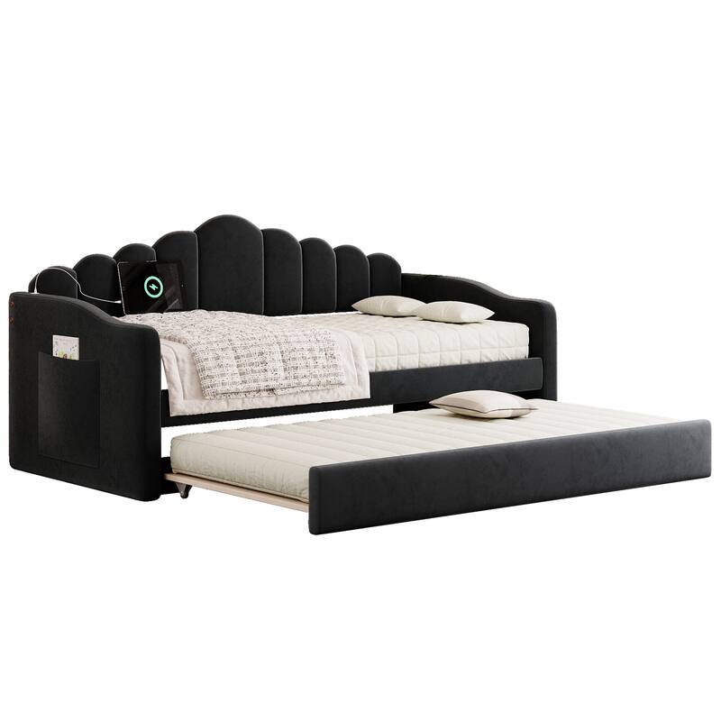 Twin Upholstered Velvet Daybed with Trundle and USB Charging Ports, Black