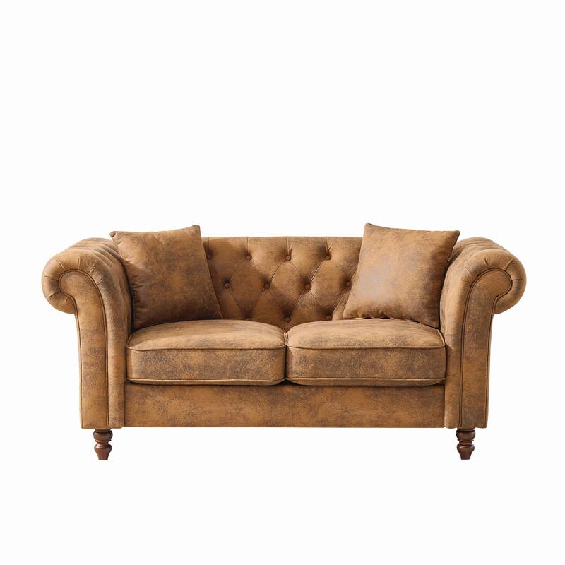 66"Chesterfield ‌Faux Leather Sofa,High-tech Fabric Roll Armrest Sofa,Upholstered Mid Century Modern Couch,2 Seater Couch