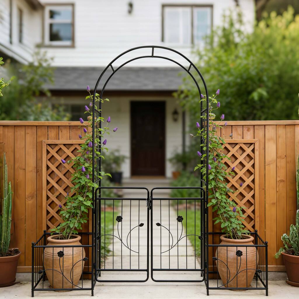 Anmytek Metal Garden Arch with Gate 80 Inch Wide 87 Inch High Black Outdoor Climbing Plant Rose Support Arbor